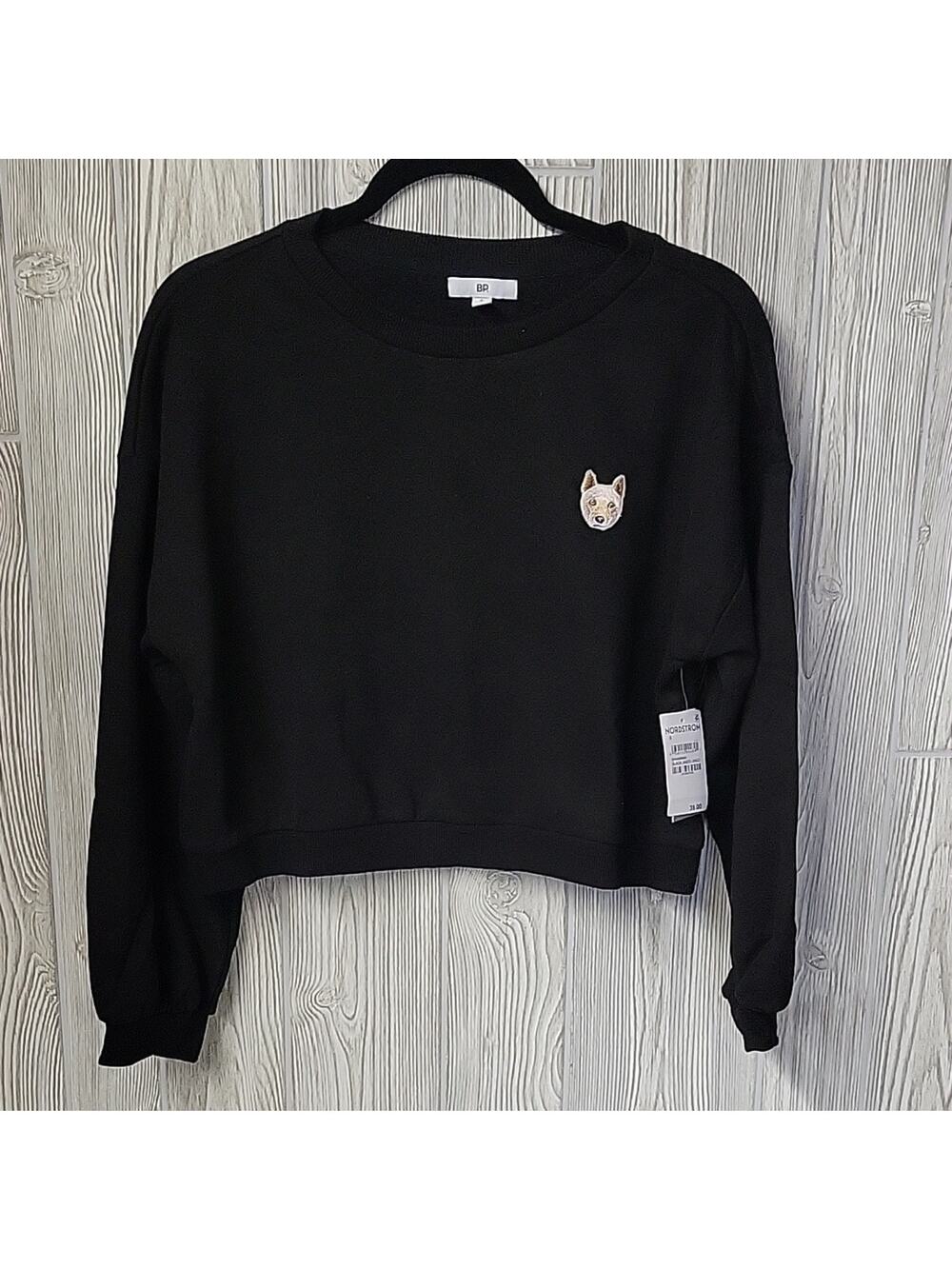 BP Black Jindo Cropped Sweater with Embroidered Dog Patch Womens Small NWT